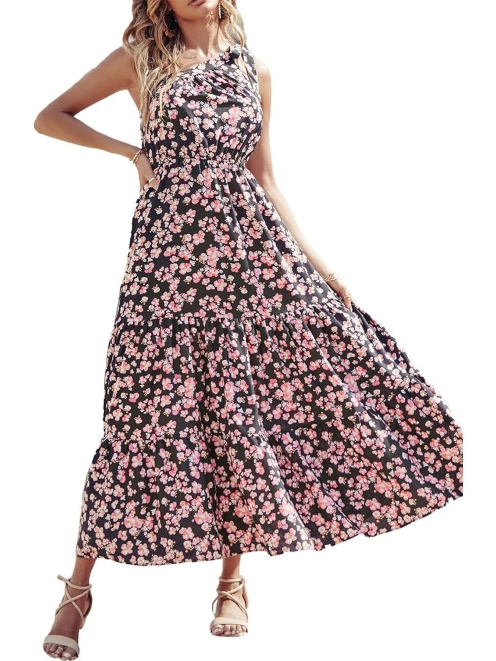 Women's Black Pink Sleeveless Tiered A Line One Shoulder Boho Floral Maxi Dress